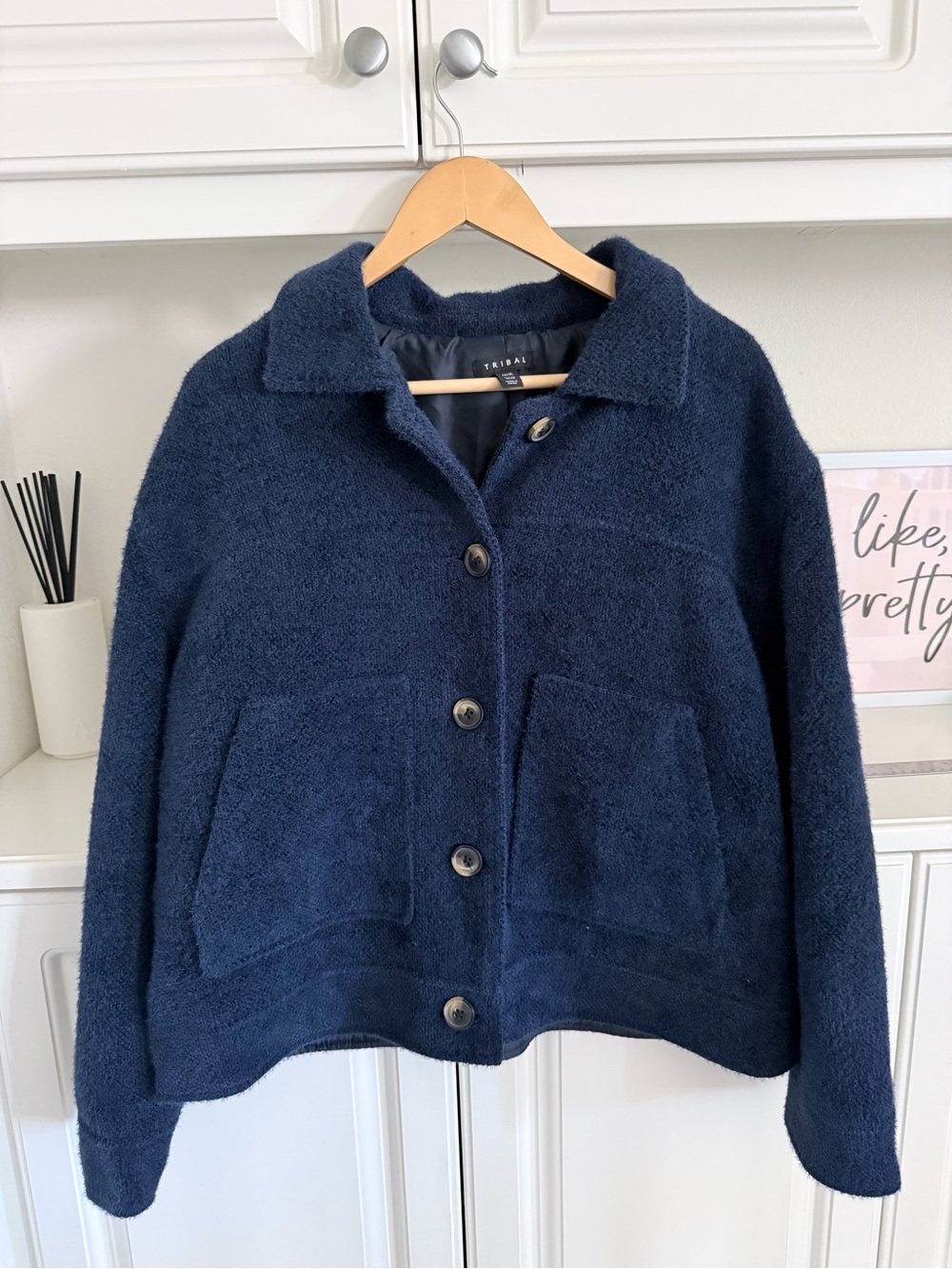 Tribal Navy Textured Button-Up Teddy Jacket